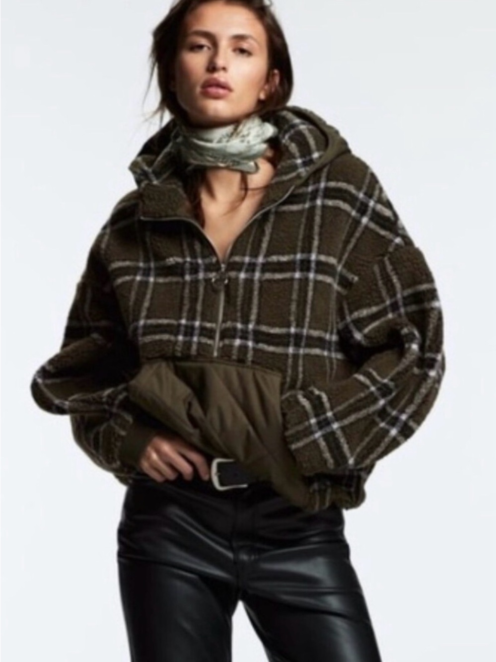 Zara Olive Plaid Hooded Teddy Jacket